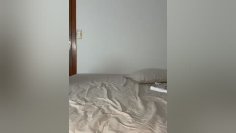 A video of a minimalist bedroom with a bed covered in wrinkled beige sheets, a white pillow, and a white towel on the floor. The walls are plain white, and a wooden door with a light switch is visible on the left.