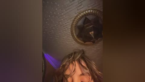 A video captures a person with messy, wet hair, looking upwards. A large, ornate mirror with a brown frame is mounted on a textured, brick-like wall. The image has a warm, dim lighting.