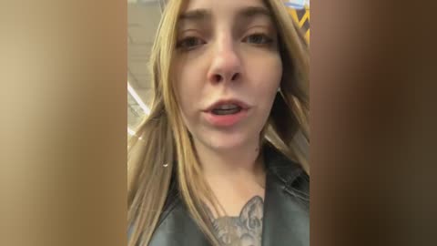 Video of a young woman with long blonde hair, wearing a black leather jacket, and a gray shirt with a large, intricate tattoo on her chest. Background shows blurred indoor setting with yellow and blue objects.
