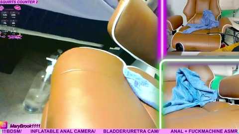Video of a woman's buttocks and a blue towel, taken from a first-person perspective. The image is overlaid with a green and purple border, displaying social media handles.