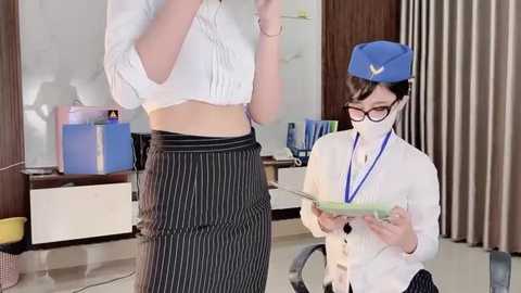 Video of a woman in a white blouse and black pinstripe skirt, holding a clipboard, and a flight attendant in a blue uniform and face mask, reviewing papers in a modern office.