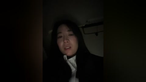 A dimly lit video of an Asian woman with long black hair, wearing a black coat over a white shirt, seated in a dimly lit car interior.
