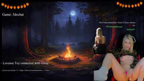 A CGI screenshot from a game, depicting a scantily clad, busty blonde woman in a witch costume, sitting near a campfire in a dark forest, surrounded by trees and glowing orbs.