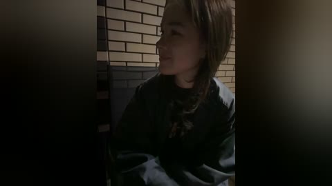 A dimly lit video depicts a young woman with shoulder-length brown hair, wearing a dark jacket, standing against a brick wall in a dimly lit alley.