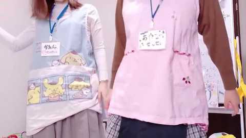 Video of two women wearing matching light pink aprons with cartoon dogs and Japanese text, over long-sleeved tops and skirts, in a classroom setting.