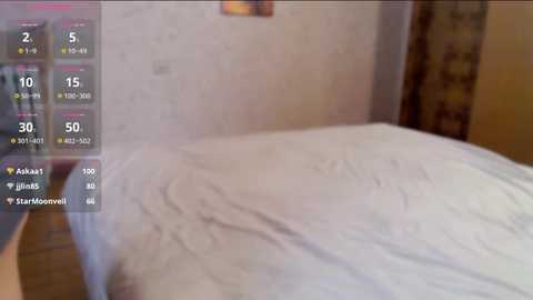 A video of an unmade bed in a dimly lit room, with a digital overlay showing location information and a time of 15:20. The room has a beige wall with a small framed picture and a brown curtain.