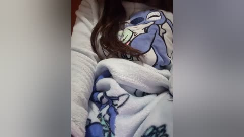 Video of a person wearing a plush, blue and white, cartoon character-themed blanket. The person's face is not visible, and the blanket covers their body, with the characters depicted on the blanket facing downwards.