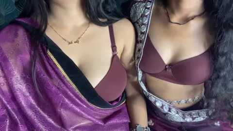 Video of two South Asian women in maroon bras, one wearing a purple saree and the other a fancy jacket, with a blurred background.