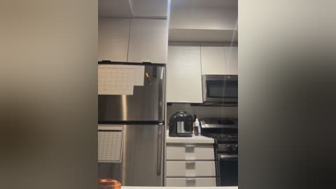 A video of a modern, compact kitchen with stainless steel appliances, white cabinets, and a microwave. The image is slightly blurred, focusing on the kitchen's layout and appliances.