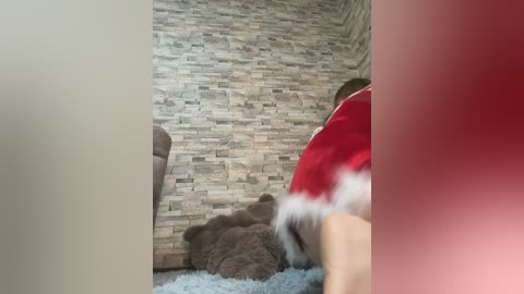 Video of a woman in a red Santa costume, crouched on a grey shag rug, against a stone-patterned wall.