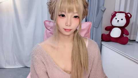 A young Asian woman with pale skin and long, blonde hair styled in a side braid, wearing a pink off-shoulder sweater, sits indoors. Background features a teddy bear and white curtains.