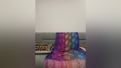 A video of a modern, minimalist bedroom featuring a grey sofa with a vibrant, multicolored, geometric-patterned throw blanket, two decorative cushions with gold and black patterns, and a plain white wall.
