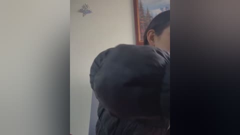 Video of a person with dark hair wearing a black jacket, partially obscured by a doorway, standing against a white wall with a framed mountain landscape.