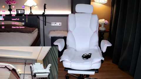 Video of a modern gaming room with a white gaming chair, a dark wooden desk, and a bed with white sheets in the background.