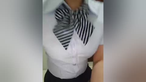 A close-up video of a woman's torso wearing a white button-up blouse with a black and white striped tie and black pants.