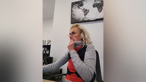 Video of a middle-aged white woman with shoulder-length blonde hair, wearing glasses, a grey sweater, and a red vest, sitting at a desk, looking thoughtful, with a black-and-white world map on the wall behind her.