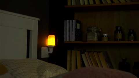 Video of a cozy bedroom with a white fireplace, a lit lamp, wooden shelves holding books and jars, and a bed with a yellow quilt.