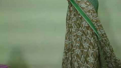 Video of a woman in a patterned, floral saree with a green border, standing against a muted green wall. The saree has intricate white and brown designs.