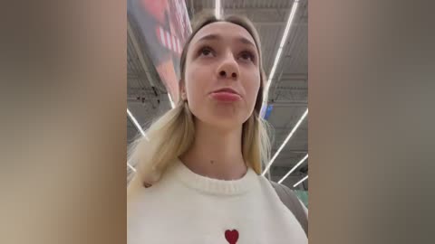 Video of a young woman with blonde hair, wearing a white sweatshirt with a heart graphic, puckering her lips. She stands in a brightly lit, modern indoor setting with a reflective ceiling and fluorescent lights.