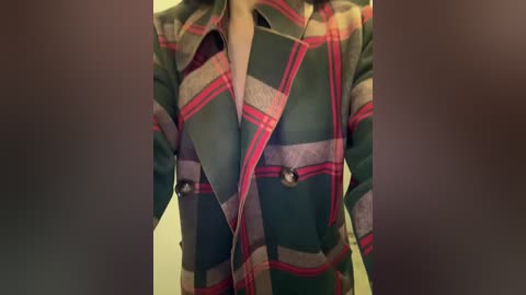 Video of a person wearing a plaid shirt with red, green, and gray stripes. The shirt is buttoned up, revealing a white undershirt. The background is blurred, with the focus on the shirt.
