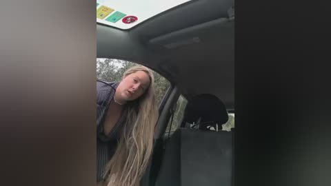 Video of a blonde woman leaning into a car, wearing a striped shirt, with a black dog in the back seat.
