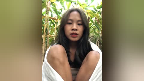 Video of an Asian woman with long, dark hair, wearing a white top, sitting in a bamboo forest, with blurred greenery and sunlight filtering through.