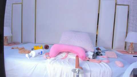 A video of a bed with a white headboard, a pink pillow, and scattered sex toys, including a large dildo, a pink vibrator, and condoms, in a minimalist, white-themed bedroom.