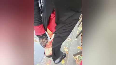 Video of a person wearing a black jacket and black pants, with red sleeves and red shoes, standing on a sidewalk with fallen autumn leaves.
