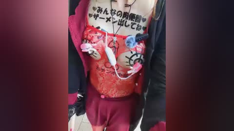 Video of a person wearing a red lace bodysuit with black writing, a black jacket, and a white necklace with a heart pendant, against a dark background.