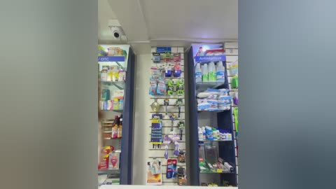Video of a well-lit pharmacy interior with three tall, white shelves filled with a variety of medicines, vitamins, and hygiene products. The shelves are organized neatly, with products clearly labeled. The walls are white, and the overall atmosphere is clean and organized.