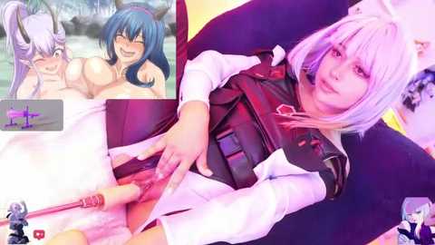 A collage featuring two anime-style images: a topless blue-haired woman with large breasts and a white-haired woman with pink hair, both smiling. The second image shows the pink-haired woman masturbating with a toy.