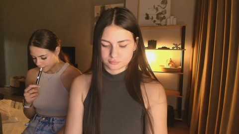 Video of two young women in a dimly lit room. One applies makeup with a brush, wearing a sleeveless top. The other, with long dark hair, stands in a black turtleneck. Shelves and a cozy atmosphere in the background.