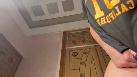 Video of a person lifting a dark grey t-shirt with \"100\" and \"Cameron\" in yellow letters, revealing a bare, light-skinned torso. Background shows a beige wall with a wooden door featuring intricate carvings.