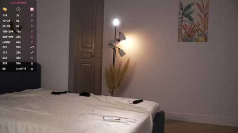 A dimly lit bedroom photo with a bed, white sheets, a tall floor lamp, and a closed door, featuring a colorful, abstract painting.