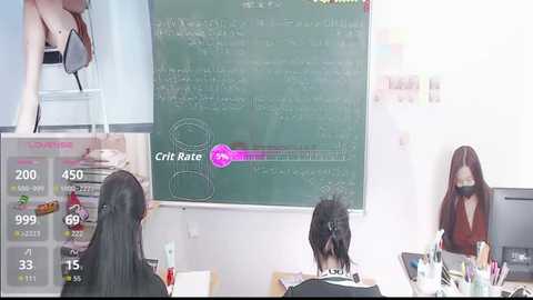 Video of a classroom with a teacher in a black dress and students at desks, a large greenboard with math equations, and a purple \"crit rate\" bar.