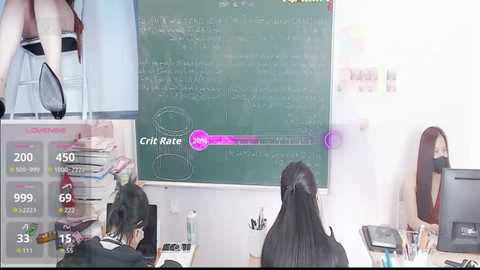 Video of a classroom with two women in casual attire, one reading a book, the other facing a chalkboard with equations and a \"Critical Rate\" bar.