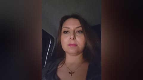 Video of a woman with dark hair, wearing a black top and necklace, sitting in a dimly lit, dark car.