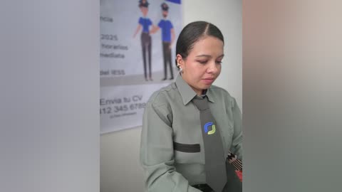 Video of a Latina woman with straight, dark hair in a professional green shirt and gray tie, holding a phone, standing in a modern office with a blue poster and nameplate in the background.