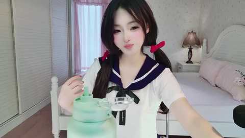Video of an East Asian woman with long brown hair in twin pigtails, wearing a sailor school uniform, pouring green liquid from a bottle into a glass.