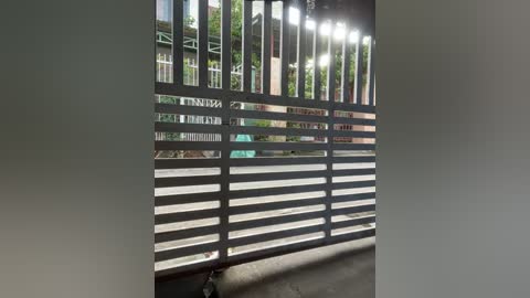 Video of a modern, industrial gate with vertical slats and horizontal bars, situated in an urban environment. The background features a partially visible greenery and a building with signage. The gate is metal, with a textured surface.