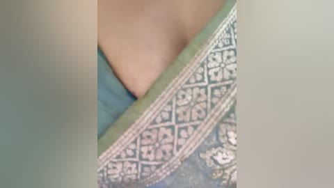 A close-up video showing a person's cleavage, revealing a teal bra underneath a patterned, light blue and white sari. The focus is on the fabric and the subtle texture of the sari.
