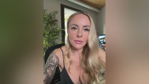 Video of a blonde woman with wavy hair, wearing a black sleeveless dress, sitting indoors. She has a tattoo sleeve on her left arm and is looking directly at the camera.