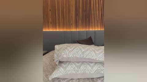 Video of a modern bedroom featuring a bed with white geometric-patterned bedding, a grey padded headboard, and a wall with a vertical wooden slat design. The background has a warm, soft glow.