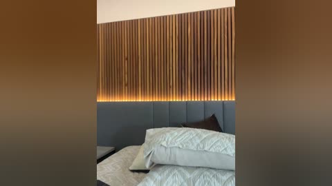Video of a modern bedroom with a vertical wooden panel wall lit by warm LED strips, a blue upholstered headboard, and neatly made bed with white bedding and pillows.