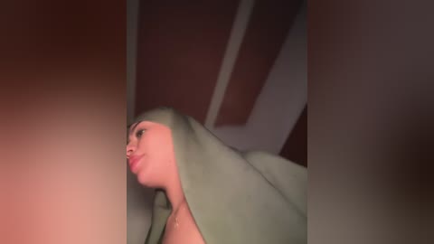 Video of a light-skinned woman with a round face, wearing a green hijab, with a blurred, reddish-brown background, showcasing her profile in a dimly lit room.