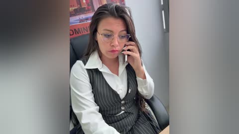 A video of a young woman with long brown hair, wearing a white shirt and black pinstriped vest, seated on a black office chair, speaking on a mobile phone, with a blurred background featuring a colorful poster.
