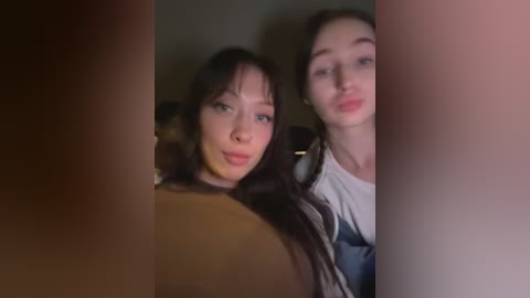 Video of two women with long dark hair, one wearing a brown top and the other a white shirt, in a dimly lit room with blurred background.