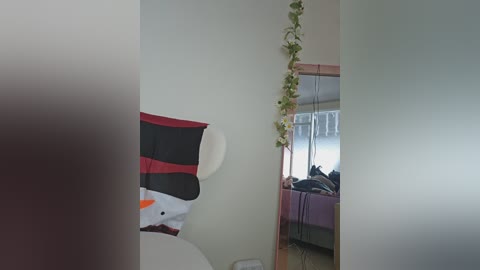 A video of a cozy bedroom with a white chair adorned with a red and black striped cushion, a potted plant hanging by the window, and a messy bed in the background.