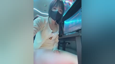 Video of an Asian woman with long dark hair, wearing a black face mask, a white top, and a brown jacket, sitting at a computer desk in a dimly lit room.