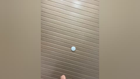 Video of a beige, textured wall with horizontal grooves, featuring a single, small, light blue circular object near the center, likely a button.